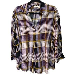2/$30 Entro women’s blouse Sz L purple white green yellow 3/4 sleeve